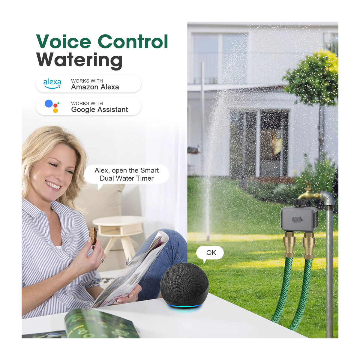 Insoma Automatischer Wassertimer mit Gateway und Doppelschlauch für die Gartenbewässerung, App-gesteuertes Bewässerungssystem in Grau, kompatibel mit Alexa - Bild 3