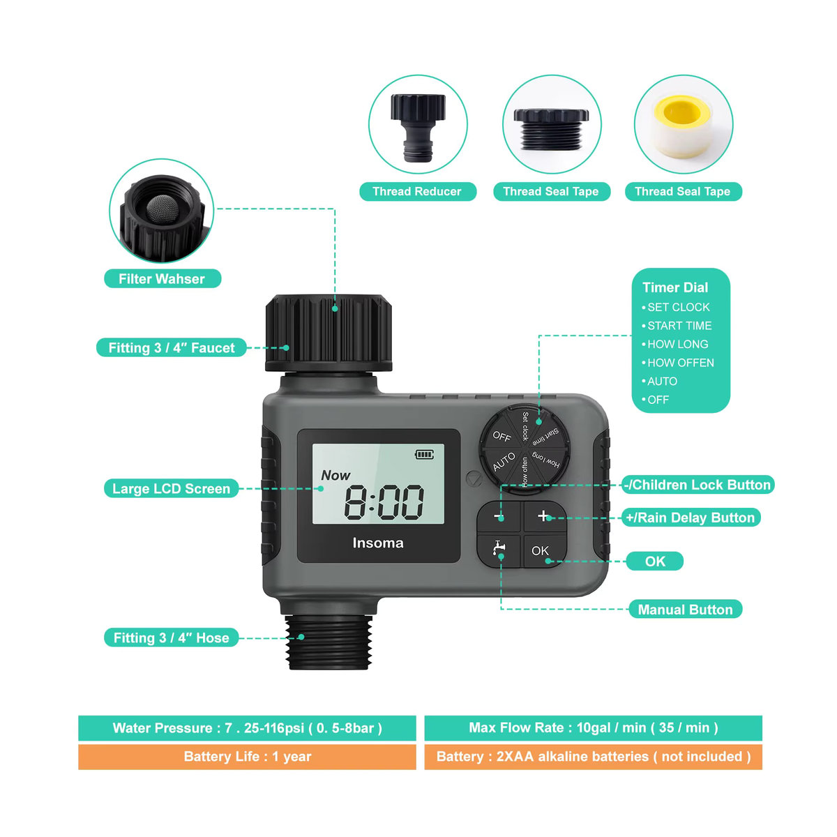 Insoma Automatischer Wassertimer mit LCD-Display und IPX7 Schutz für dein intelligentes Bewässerungssystem - Bild 2