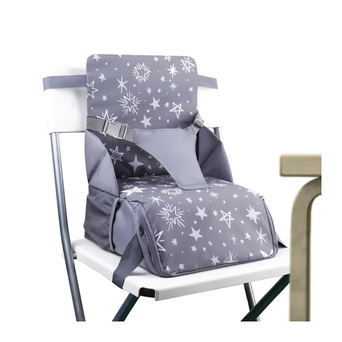 Insular Hochstuhl für Babys und Kinder, tragbarer Klapp-Hochstuhl mit Antislip-Funktion und hohem Kissen, Grau - Bild 2