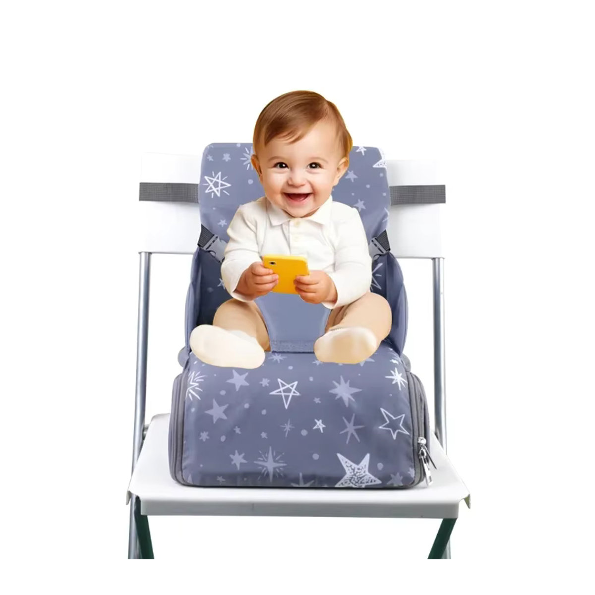 Insular Hochstuhl für Babys und Kinder, tragbarer Klapp-Hochstuhl mit Antislip-Funktion und hohem Kissen, Grau - Bild 3