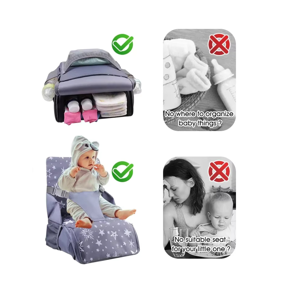 Insular Hochstuhl für Babys und Kinder, tragbarer Klapp-Hochstuhl mit Antislip-Funktion und hohem Kissen, Grau - Bild 4