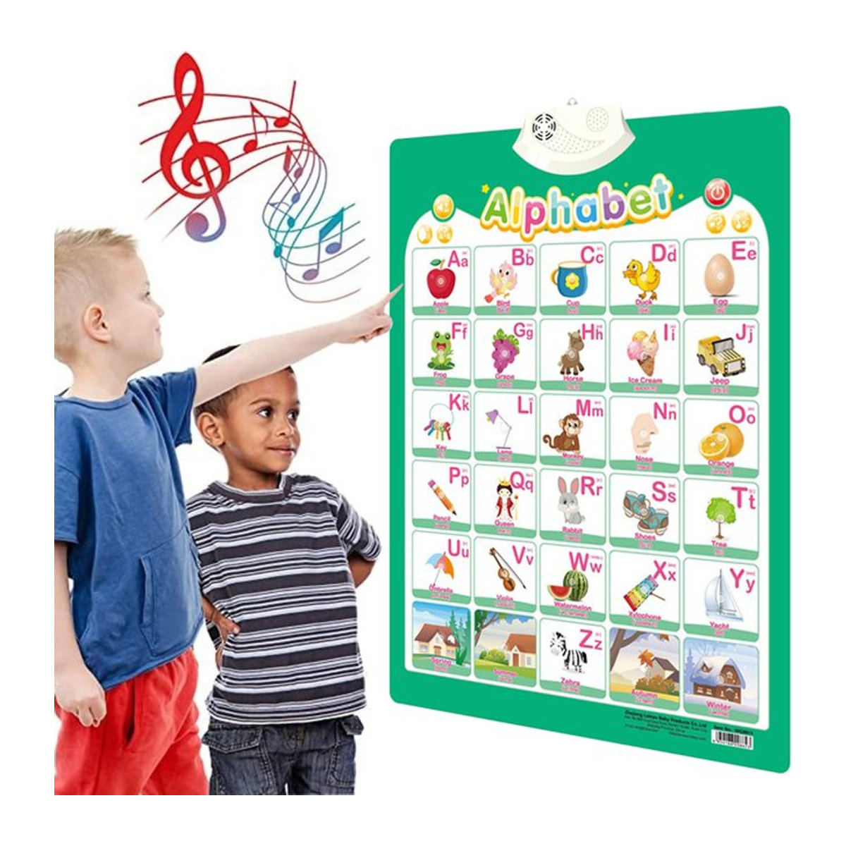 Interaktives Lernposter QWZ für Kinder mit Englisch-Funktion, Alphabet, Zahlen, Früchten und Tieren, mehrfarbig - Bild 1