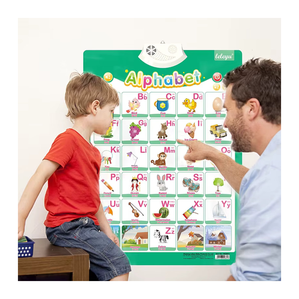 Interaktives Lernposter QWZ für Kinder mit Englisch-Funktion, Alphabet, Zahlen, Früchten und Tieren, mehrfarbig - Bild 3