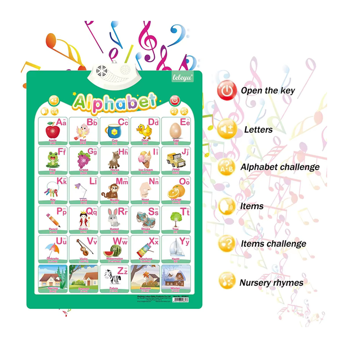 Interaktives Lernposter QWZ für Kinder mit Englisch-Funktion, Alphabet, Zahlen, Früchten und Tieren, mehrfarbig - Bild 4