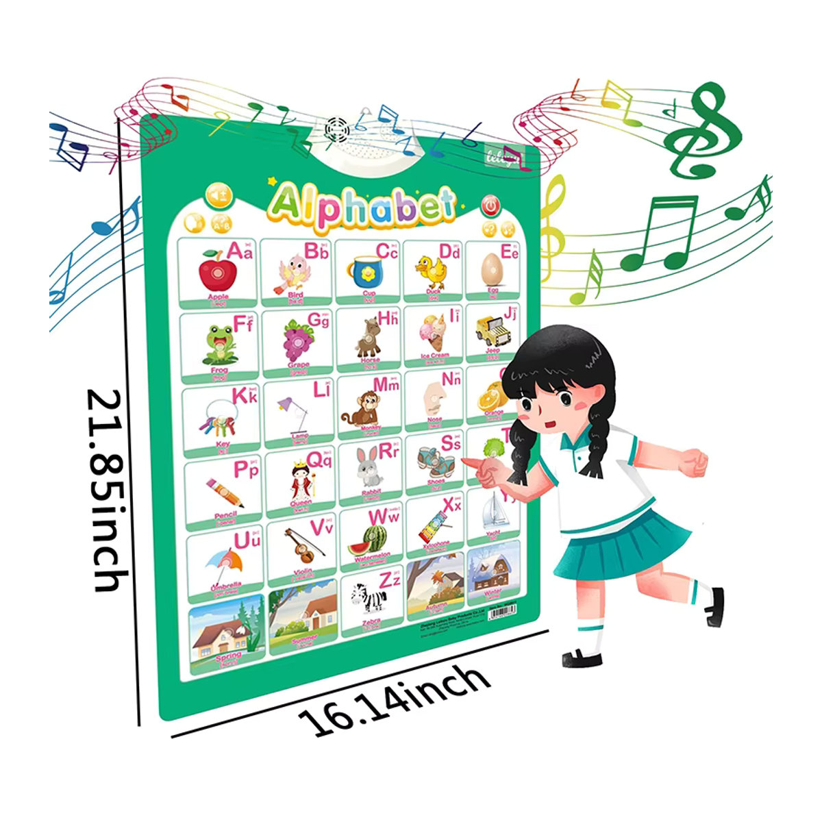 Interaktives Lernposter QWZ für Kinder mit Englisch-Funktion, Alphabet, Zahlen, Früchten und Tieren, mehrfarbig - Bild 5