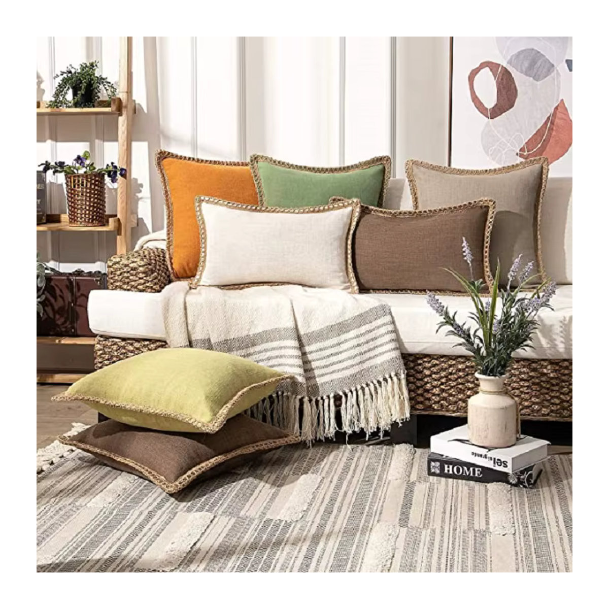 Inyahome Dekokissenbezüge aus Leinen mit Hanfkante im Bauernhaus-Stil, Farben: Orange und Weiß, B/T/H: 30 x 50 cm, 45 x 45 cm oder 50 x 50 cm - Bild 4