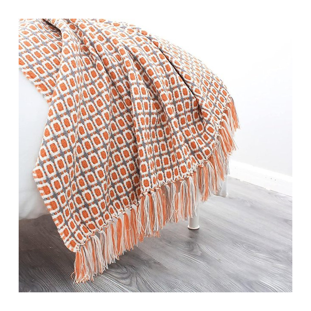 Inyahome Strickdecke im Hahnentritt-Muster mit Quasten für Sofa und Bett, Grau und Orange - Bild 1
