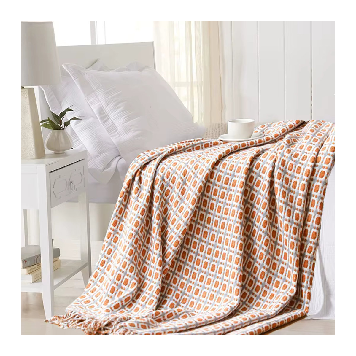Inyahome Strickdecke im Hahnentritt-Muster mit Quasten für Sofa und Bett, Grau und Orange - Bild 5