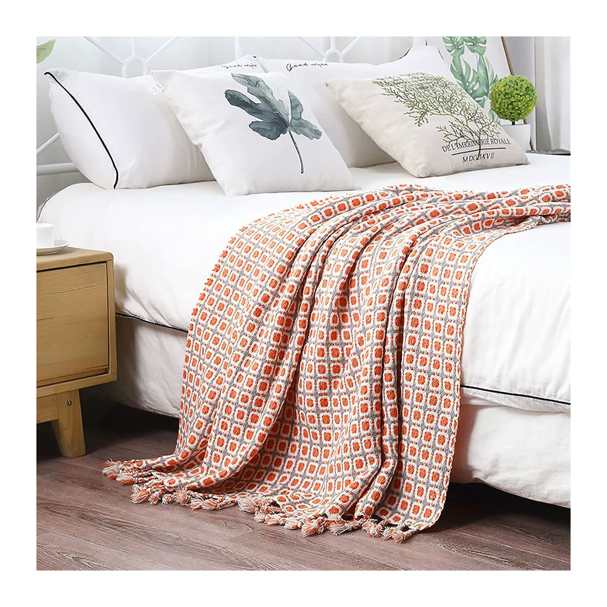 Inyahome Strickdecke im Hahnentritt-Muster mit Quasten für Sofa und Bett, Grau und Orange - Bild 6