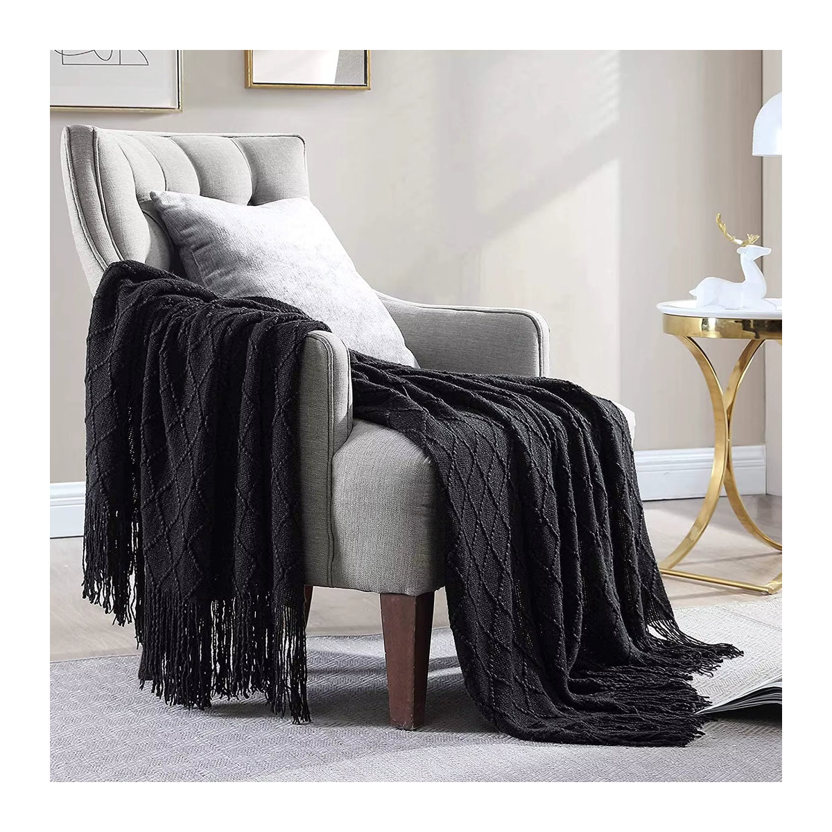 Inyahome Strickdecke mit Quaste in Diamond Cream White für Couch und Bett - Bild 3