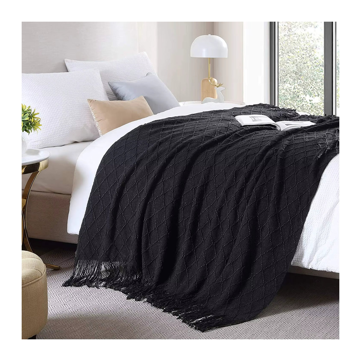 Inyahome Strickdecke mit Quaste in Diamond Cream White für Couch und Bett - Bild 5