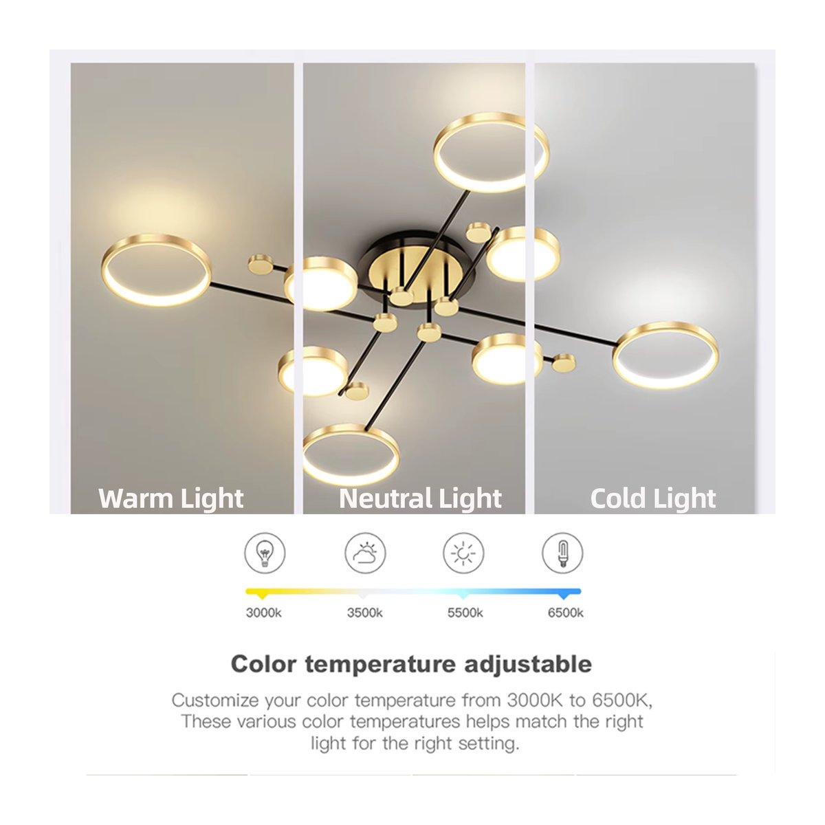IRALAN LED Kronleuchter im skandinavischen Design für Wohnzimmer und Schlafzimmer, Schwarz/Gold/Weiß - Bild 5