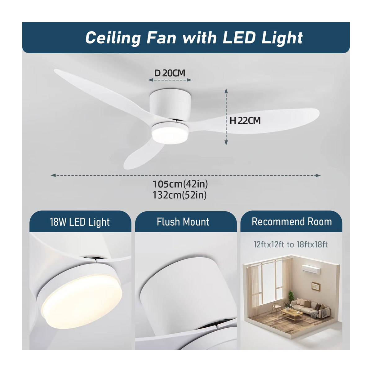 IRALAN Moderne LED-Deckenventilatorleuchte mit Fernbedienung und integriertem LED-Licht für niedrige Decken - Bild 4