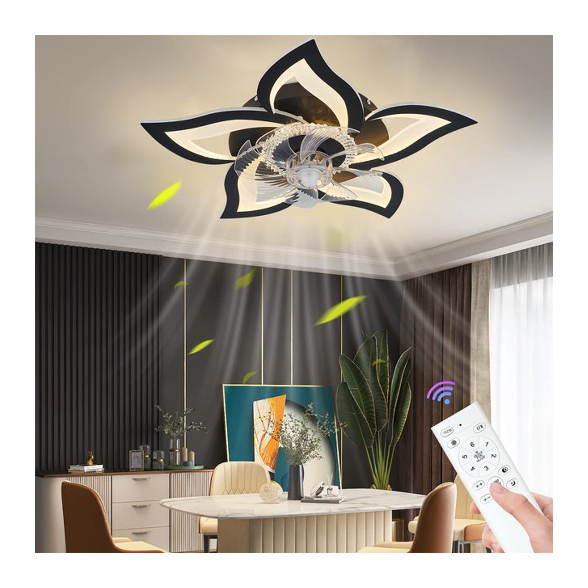 IRALAN Moderner Deckenventilator mit integrierter LED-Leuchte in Weiß, Lotus-Design mit fünf Köpfen, Fernbedienung und intelligentem Schalter, Material aus Acryl und Aluminiumlegierung - Bild 1