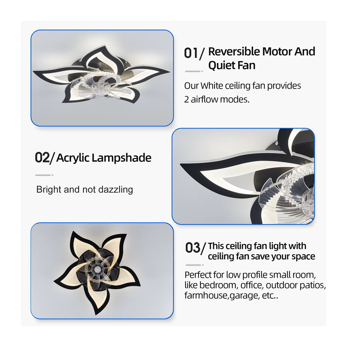 IRALAN Moderner Deckenventilator mit integrierter LED-Leuchte in Weiß, Lotus-Design mit fünf Köpfen, Fernbedienung und intelligentem Schalter, Material aus Acryl und Aluminiumlegierung - Bild 4
