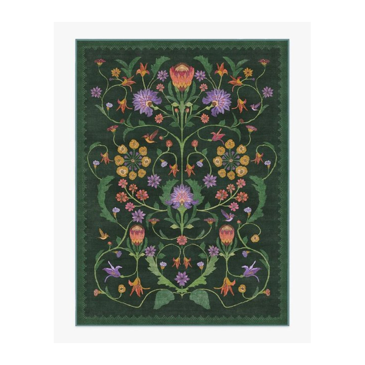 Iris Apfel Protea Teppich in Waldgrün mit floralem Design, rutschfeste und waschbare Bodenmatte für dein Wohnzimmer - Bild 1
