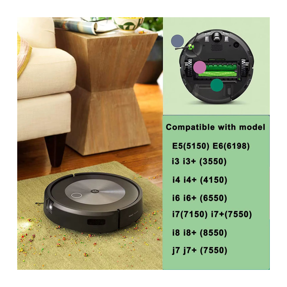 iRobot Ersatz Rollenbürste aus Gummi in Grün für Roomba i/e/j Serie sowie i7, i3, i4, i6, i8, j7, E5, E6, E7 Staubsauger - Bild 2