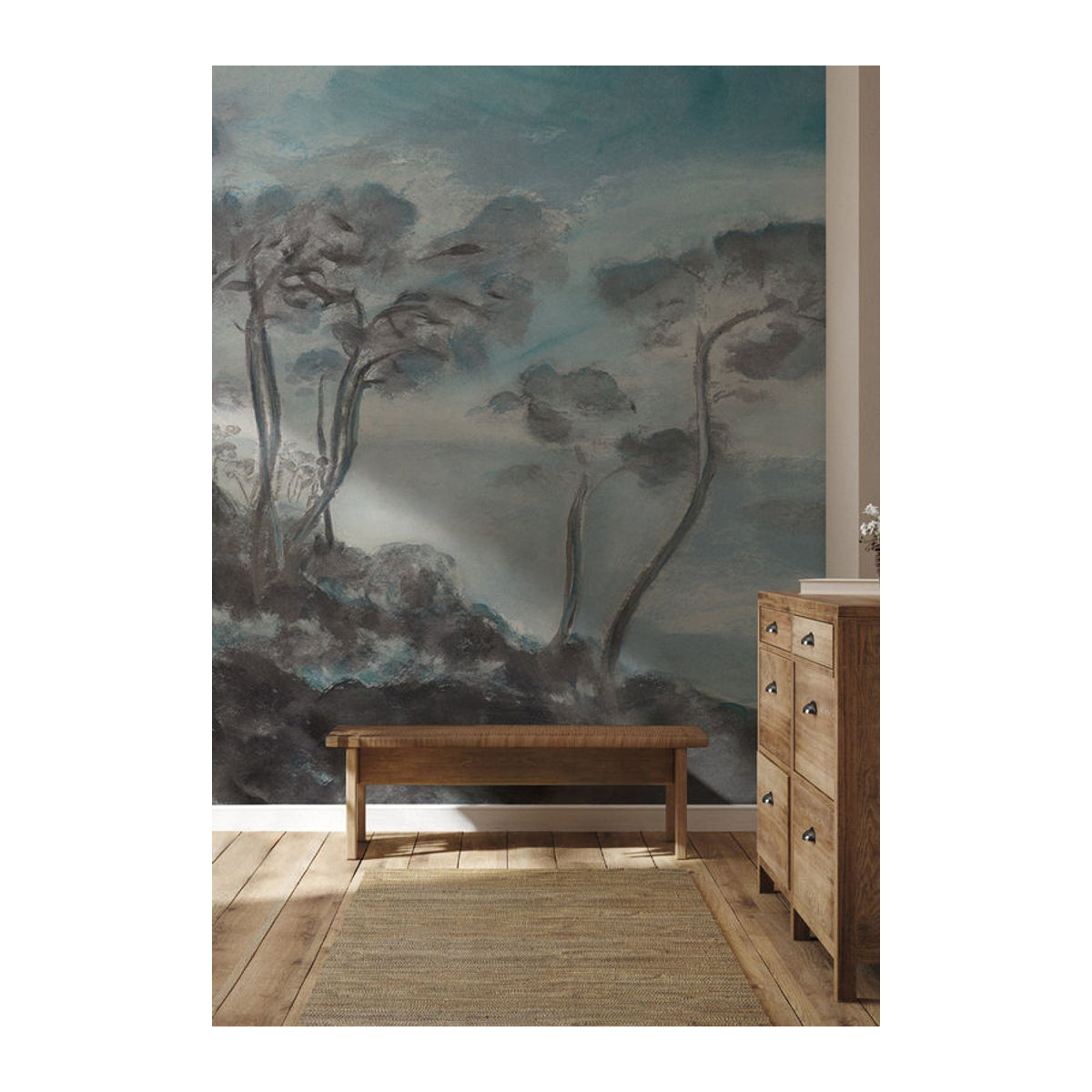 Isidore Leroy Wandbild Les Landes - Hiver als Vlies-Tapete in Blau und Grau mit Wolken und Landschaft im Querformat - Bild 1