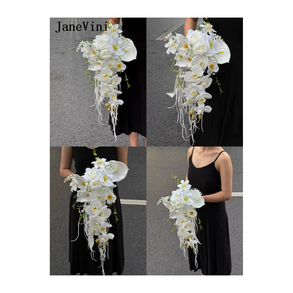 Janevini Brautstrauß in Weiß mit Calla Lilien, Orchideen und Rosen im Wasserfall-Design - Bild 5