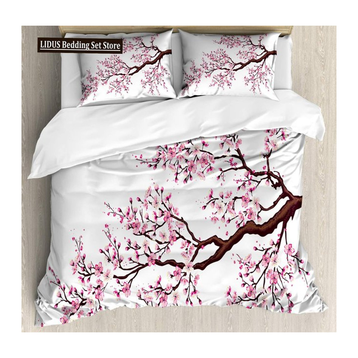 Japanische Bettwäschegarnitur mit Sakura-Kirschblüten Motiv in Weiß, Single Bettwäsche B: 135 cm, L: 200 cm - Bild 1