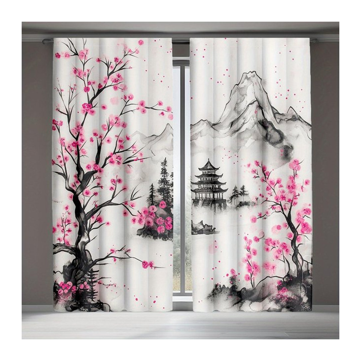 Japanische Kirschblüten-Vorhänge mit Aquarellmuster aus Polyester für Schlafzimmer und Wohnzimmer, 2er-Set, Breite: 100 cm, Höhe: 70 cm - Bild 1