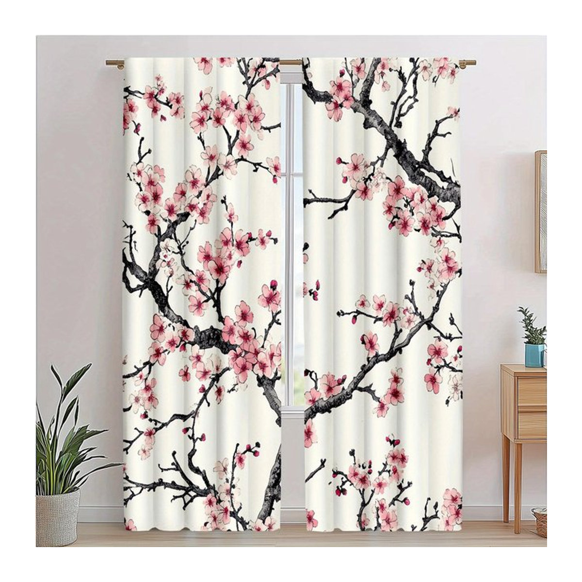 Japanische Kirschblütenzweige Druck Vorhänge aus Polyester für Schlafzimmer und Wohnzimmer, 2er-Set, Breite: 100 cm, Höhe: 70 cm - Bild 1