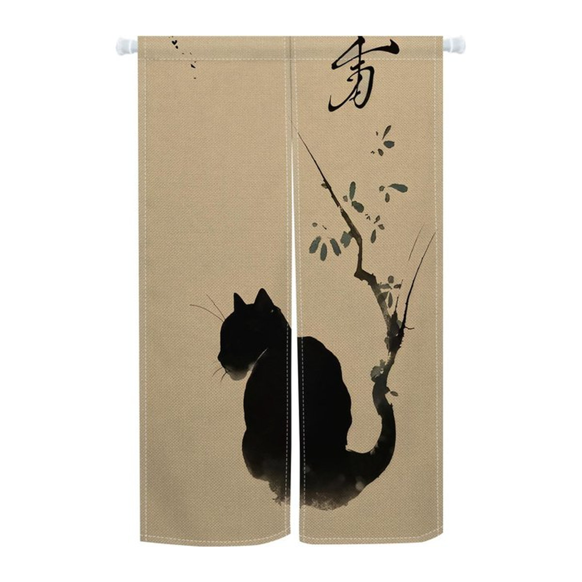 Japanischer Noren Türvorhang mit Katze, Kirschblüte und Vogelmuster aus Polyester, B: 100 cm, H: 130 cm - Bild 1