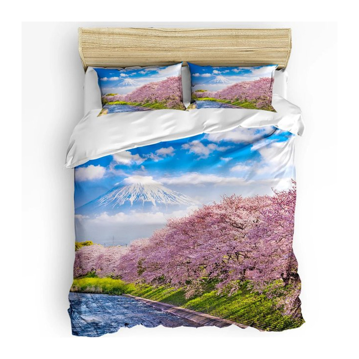 Japanisches Bettwäscheset mit Fuji Sakura Kirschblüten-Motiv, 3-teilig, B/H: 135 x 200 cm - Bild 1