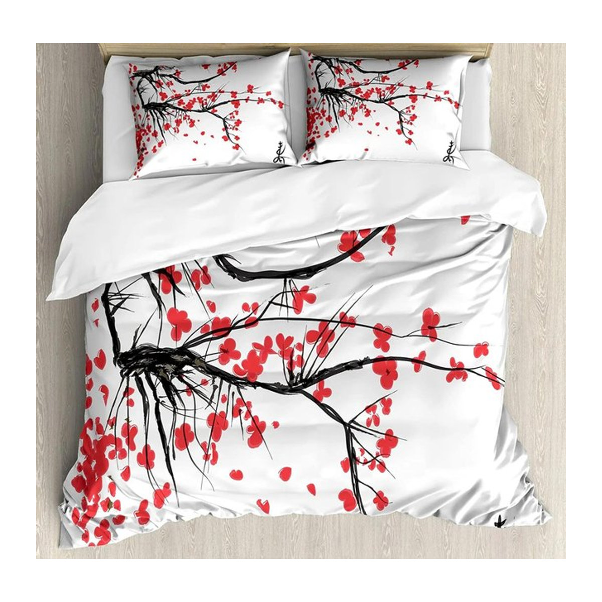 Japanisches Kirschblüten-Bettwäscheset Sakura-Baum mit Bettbezug, Steppdecke und Kissenbezug für eine romantische Heimdekoration, Breite: 135 cm, Länge: 200 cm - Bild 1