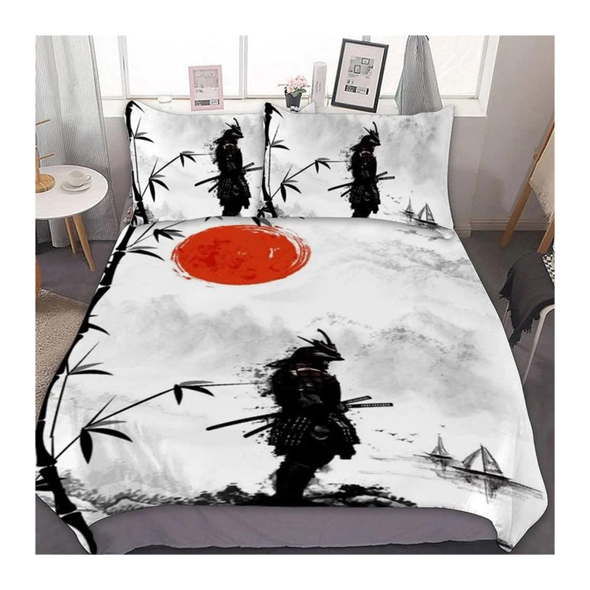 Japanisches Samurai Bettwäsche Set mit Sonnenuntergang Landschaft und Gebäude Silhouette in Schwarz und Rot, 3-teilig, Breite: 135 cm, Länge: 200 cm - Bild 1