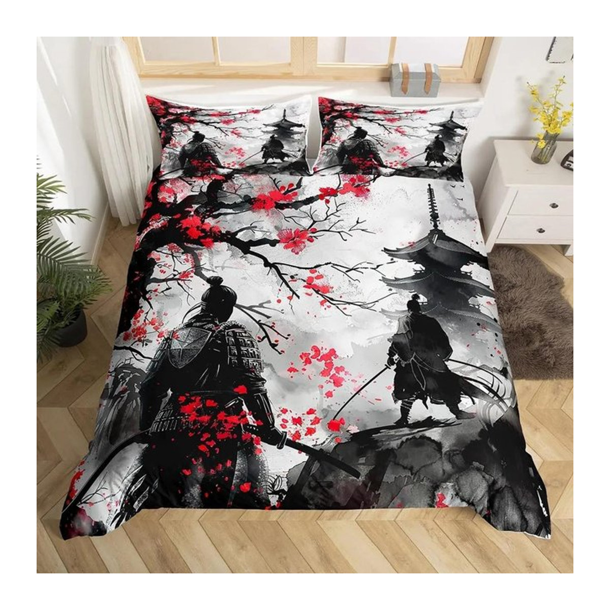 Japanisches Samurai Bettwäscheset mit Kirschblüten und Fuji Berg in Rot, 3-teilig, B/H: 150 x 200 cm - Bild 1