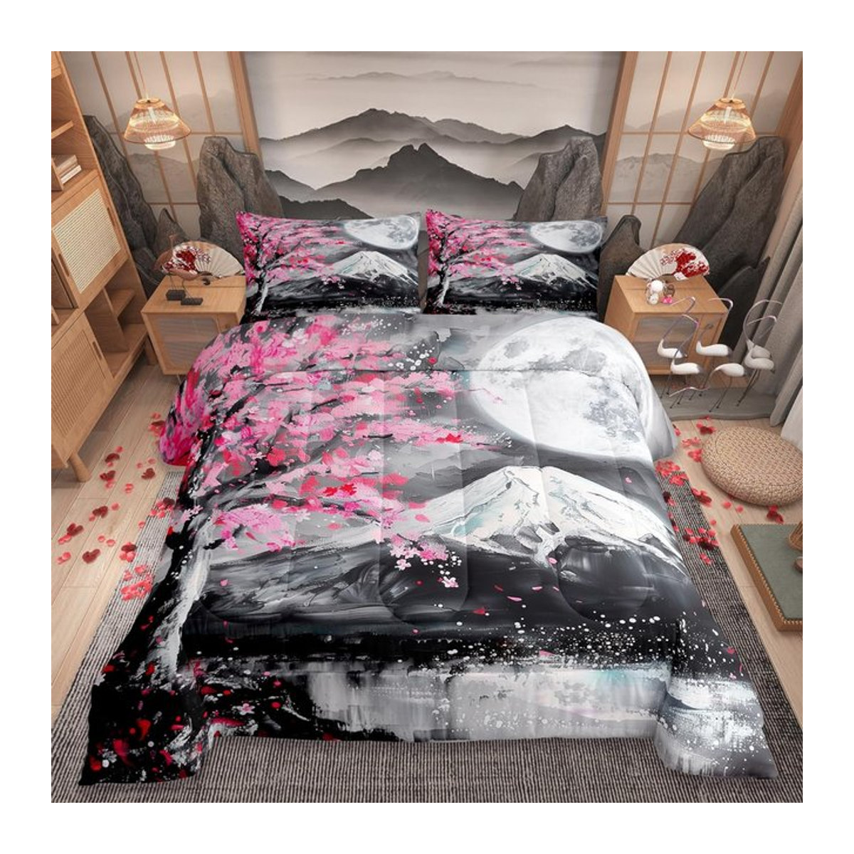 Japanisches Ukiyoe Bettwäscheset mit Fuji-Berglandschaft und rosa Kirschblüten, Monika Chen, B/H: 135 x 200 cm - Bild 1