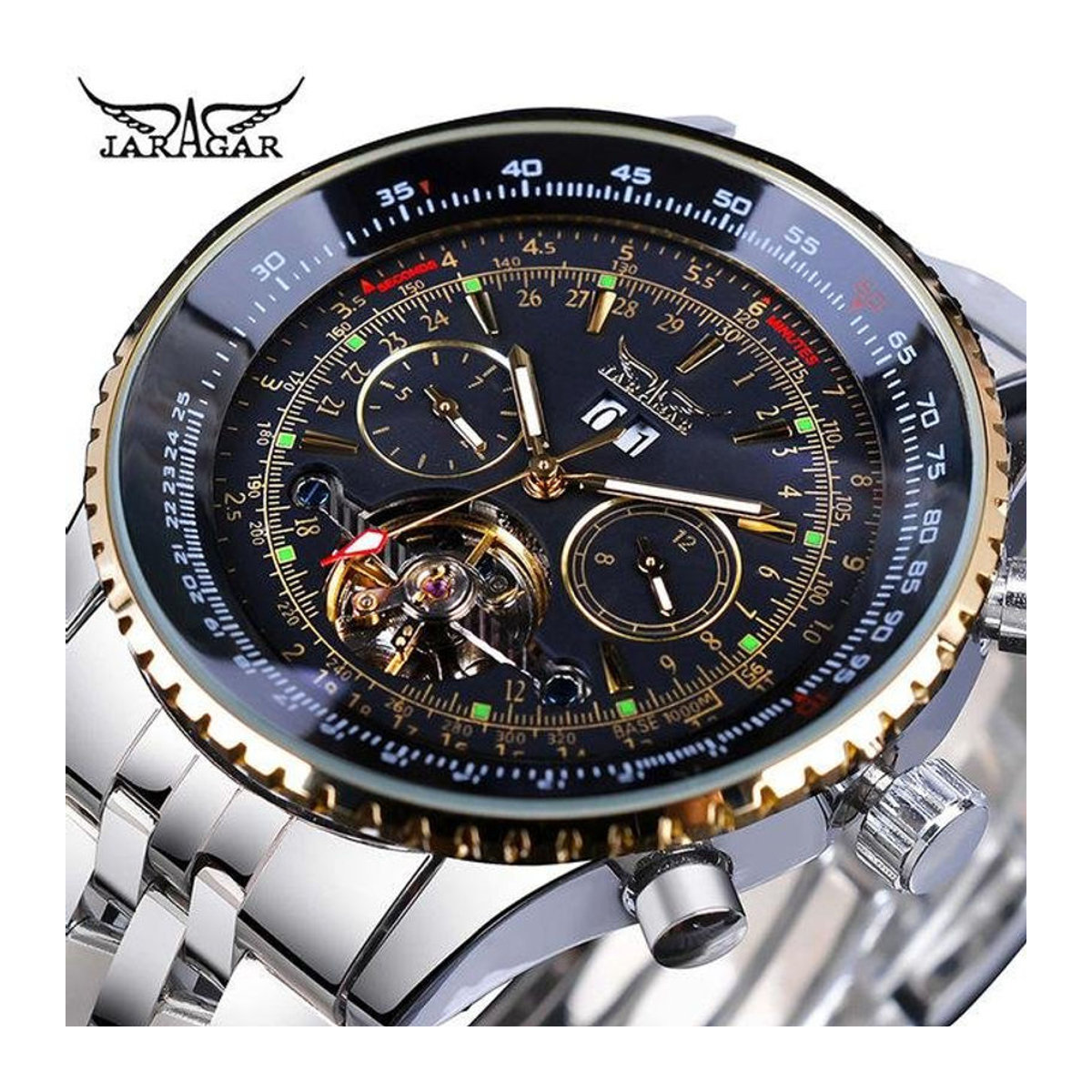 JARAGAR Automatische mechanische Herrenuhr mit rundem Zifferblatt in Schwarz und Lederarmband - Bild 1