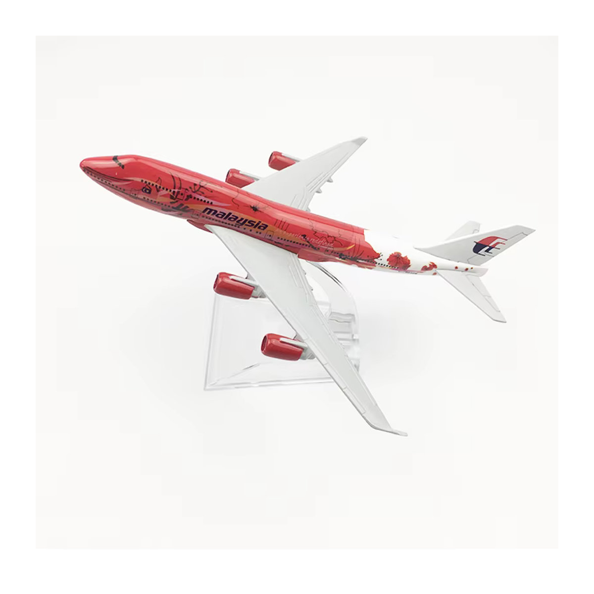 JASON TUTU Boeing 747 Flugzeugmodell Malaysia Airlines mit rotem Blumenmuster aus Metall, Maßstab 1:400, Farbe: Rot/Weiß - Bild 2