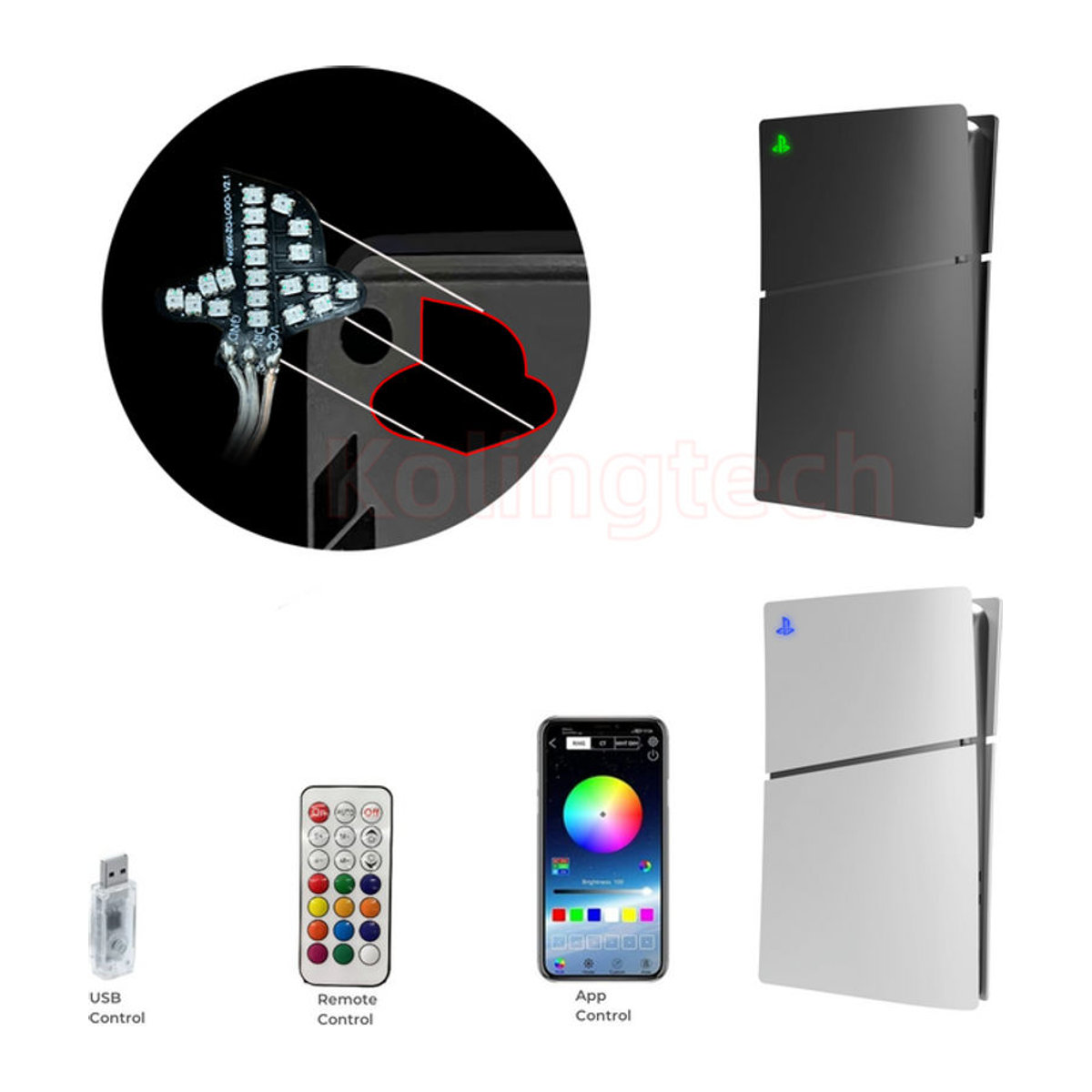 JazPlate RGB LED Logo Licht für PS5 Slim und PS5 Pro mit Musik-Synchronisierung, mehrfarbige DIY-Dekoration aus Kunststoff - Bild 1