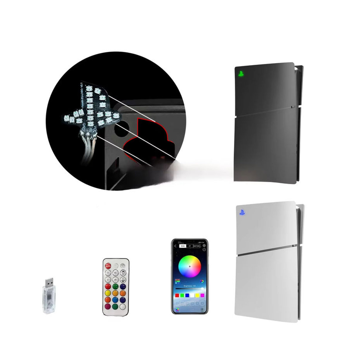 JazPlate RGB LED Logo Licht für PS5 Slim und PS5 Pro mit Musik-Synchronisierung, mehrfarbige DIY-Dekoration aus Kunststoff - Bild 6