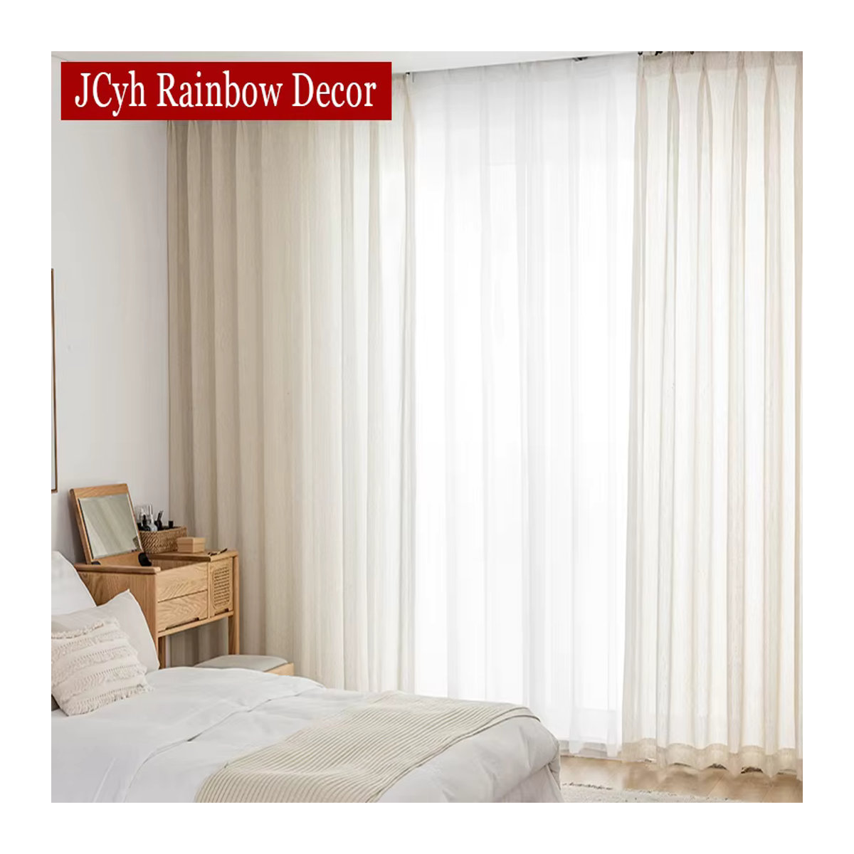 JCyh Rainbow Decor Transparente Vorhänge in Leinenoptik in Beige für Wohnzimmer und Schlafzimmer - Bild 2