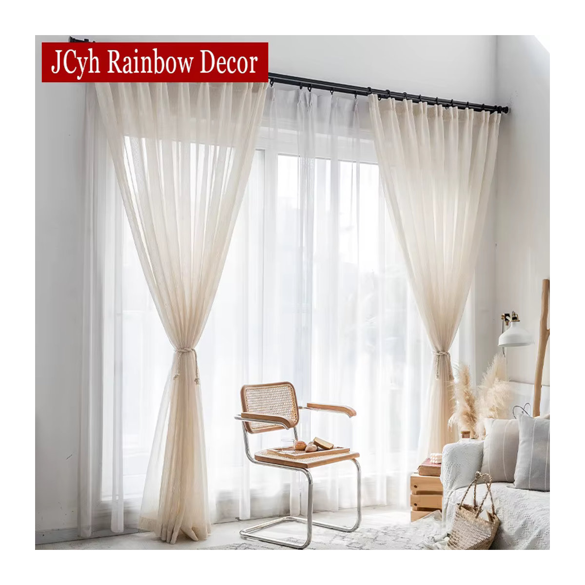 JCyh Rainbow Decor Transparente Vorhänge in Leinenoptik in Beige für Wohnzimmer und Schlafzimmer - Bild 4