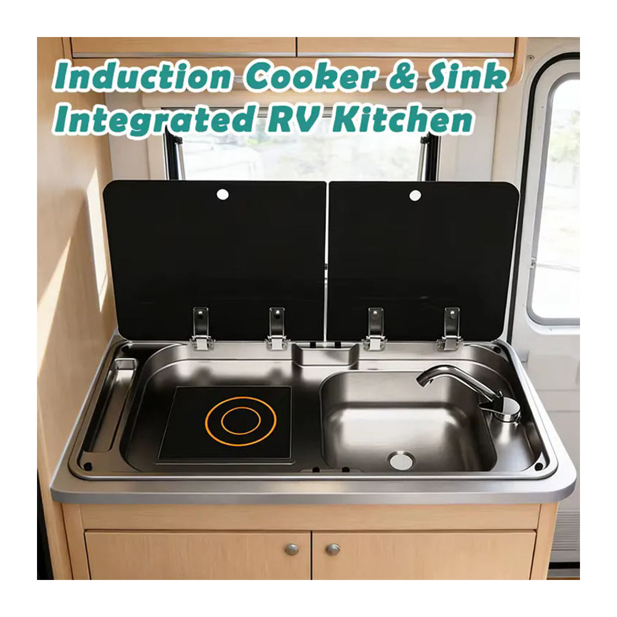 JDA Modernes Wohnmobil-Spülbecken aus schwarzem Edelstahl mit Induktionskochfeld und Nano-Beschichtung - Bild 2