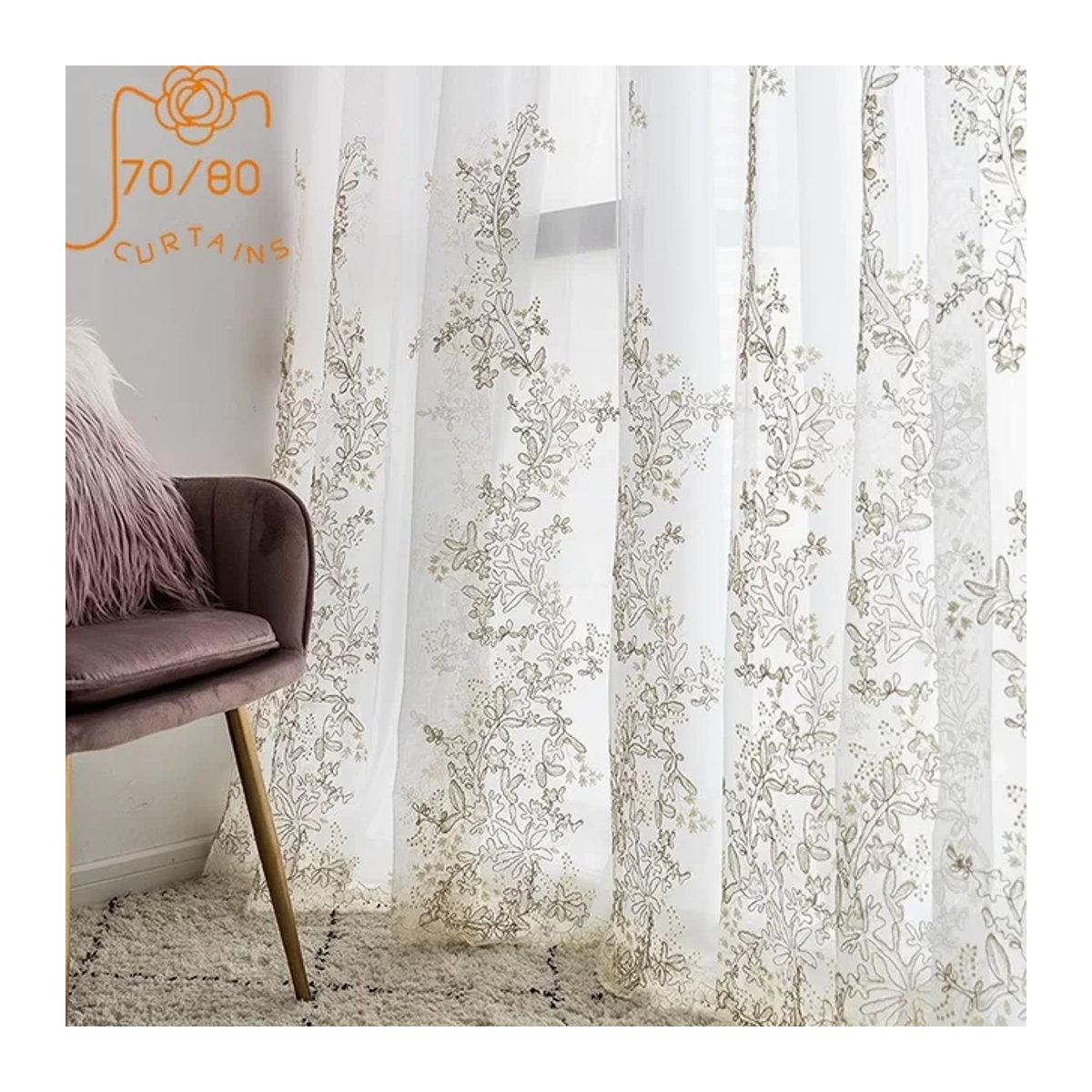 JESSANS Jacquard-Fenstergitter-Vorhang aus weißer Gaze mit Goldbestickung für Wohnzimmer, Schlafzimmer und Esszimmer - Bild 1