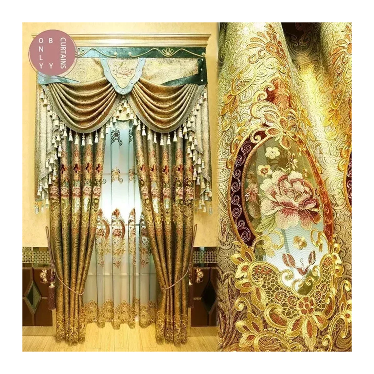 JESSANS Samtvorhang Gold mit Bestickung und Aussparungen zur Verdunkelung für Wohnzimmer und Schlafzimmer - Bild 1