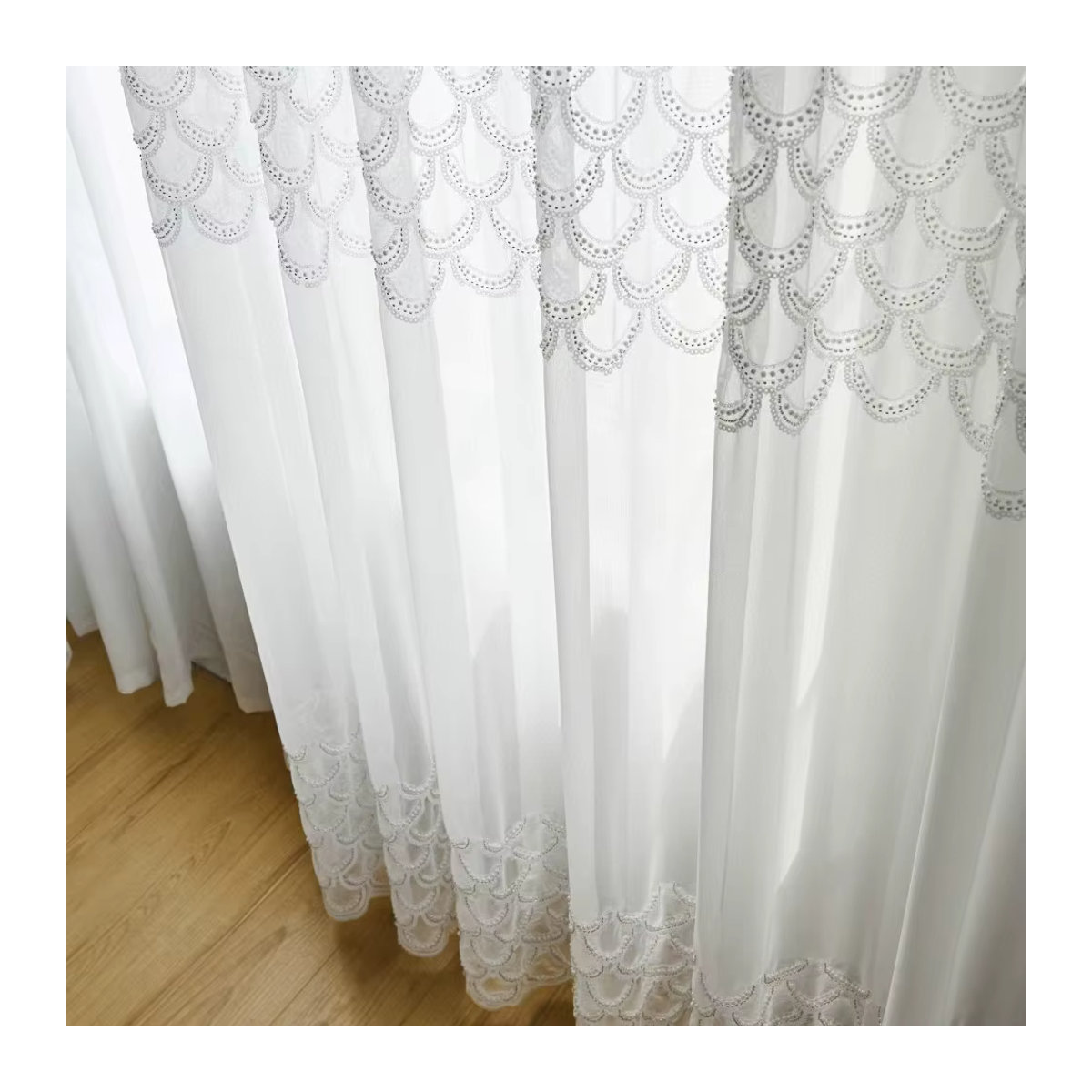 JESSANS Transparenter Vorhang mit Pailletten- und Perlen-Relief-Stickerei in Weiß für Wohnzimmer und Schlafzimmer - Bild 3