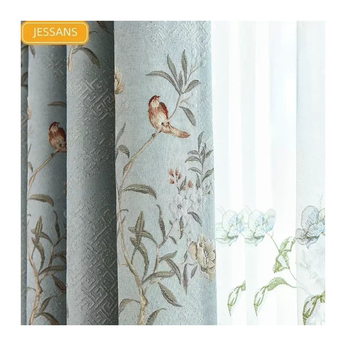 JESSANS Verdunkelungsvorhänge aus Jacquard mit Blumen- und Vogel-Motiv im chinesischen Stil, Blau - Bild 1