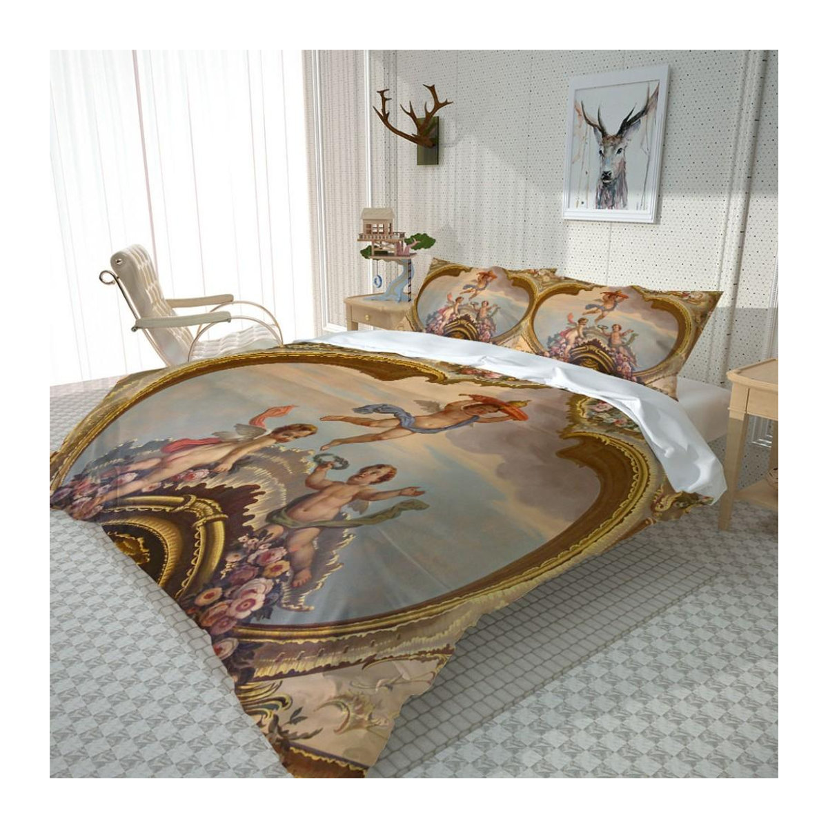 Jessica Chen 3D-Engel-Bettwäscheset in Gold mit europäischem Retro-Muster, 3-teilig, Breite: 135 cm, Länge: 200 cm - Bild 1