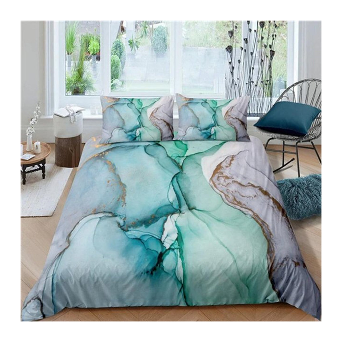 Jessica Chen Bettwäsche-Set aus Mikrofaser mit abstraktem Marmor-Design in Mint, Gold, Türkis und Aquablau, B/H: 135 x 200 cm, 3-teilig - Bild 1