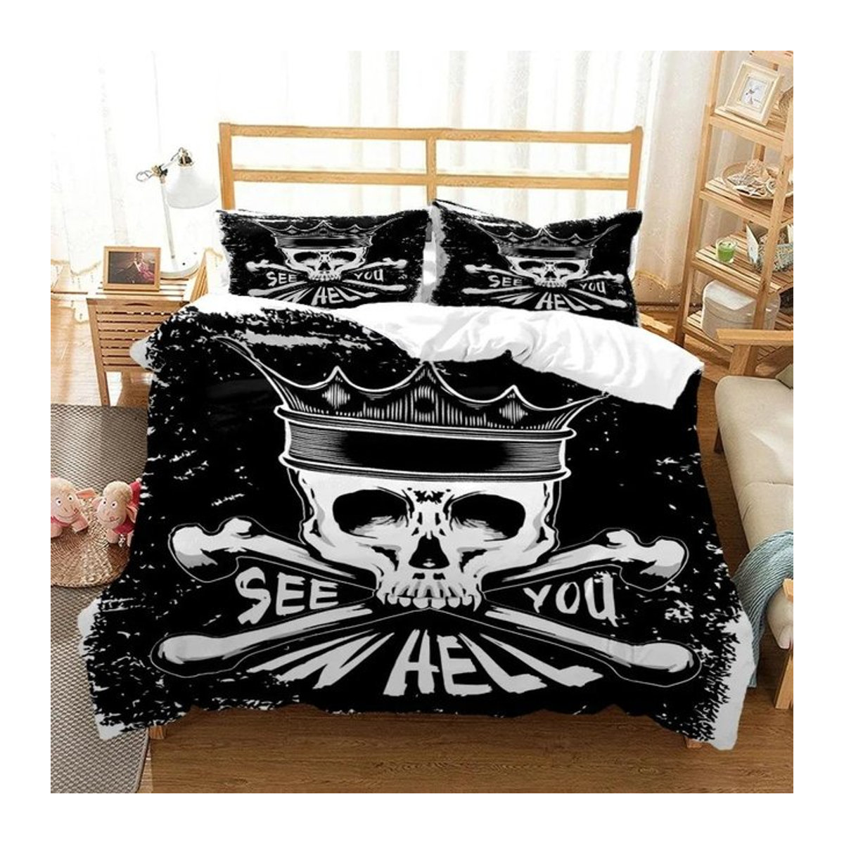 Jessica Chen Bettwäsche-Set mit Skelett-Digitaldruck in Schwarz, 3-teilig, B: 135 cm, L: 200 cm - Bild 1