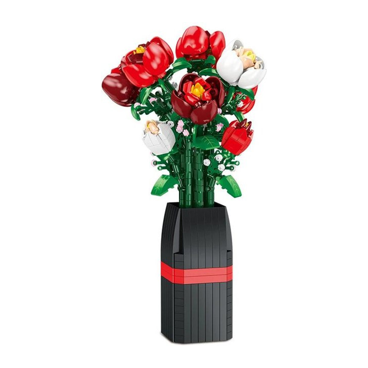 Jessica Chen Blumenstrauß Bausteine Set mit roten und weißen Rosen in einer Vase für Erwachsene und Kinder, 761 Teile - Bild 1