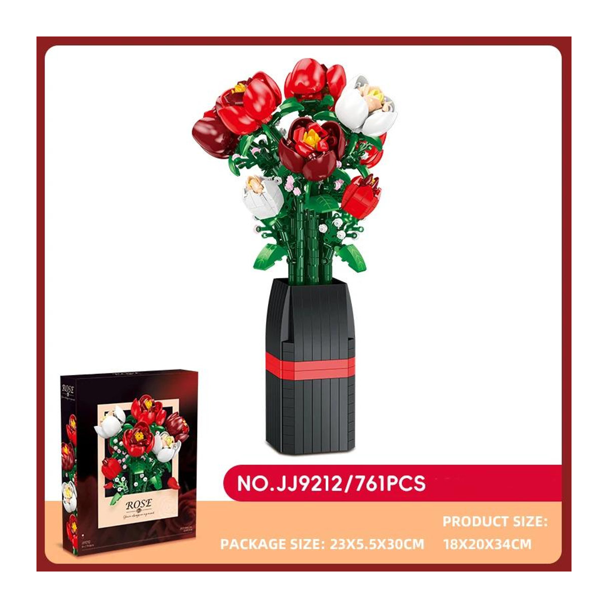 Jessica Chen Blumenstrauß Bausteine Set mit roten und weißen Rosen in einer Vase für Erwachsene und Kinder, 761 Teile - Bild 2