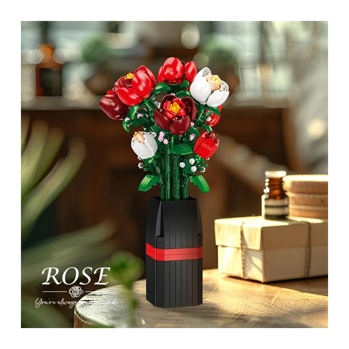 Jessica Chen Blumenstrauß Bausteine Set mit roten und weißen Rosen in einer Vase für Erwachsene und Kinder, 761 Teile - Bild 3