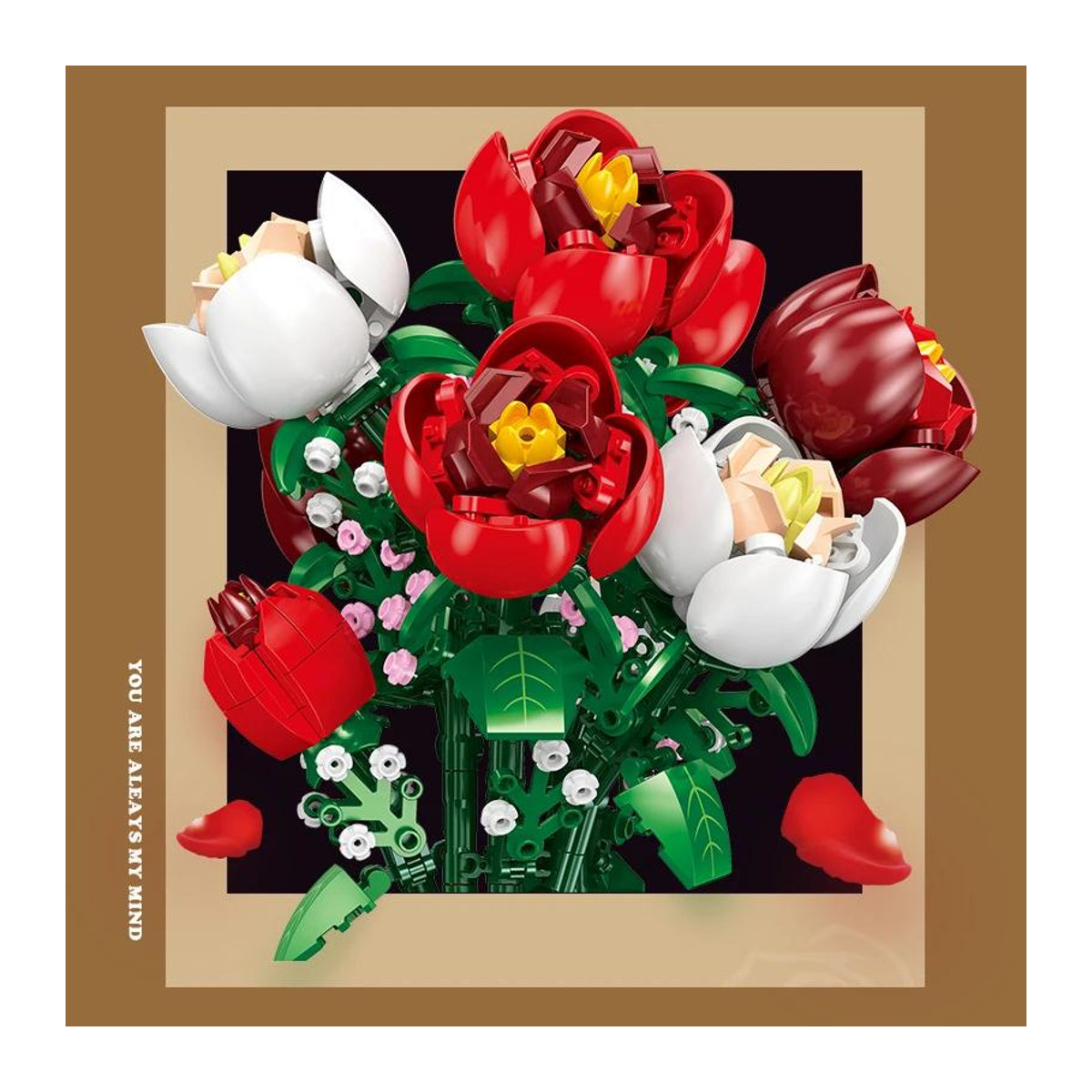 Jessica Chen Blumenstrauß Bausteine Set mit roten und weißen Rosen in einer Vase für Erwachsene und Kinder, 761 Teile - Bild 4